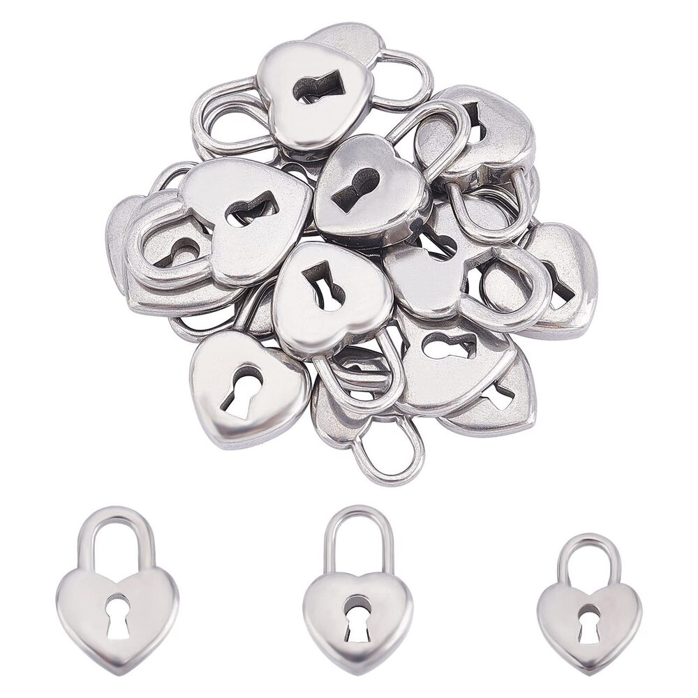 8016 18pcs 3 Sizes Heart Lock Charms 304 Stainless Steel Pendants Love lock